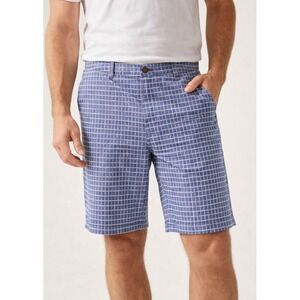 Tommy Bahama Mens Blue Grid Plaid Flat Front Shorts Cotton Tencel Size 38